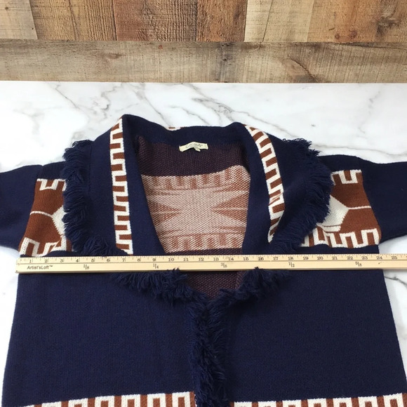 Cocogio Blue Brown Knit Aztec Cardigan Sweater Womens‎ Small Fringe Open Front - Picture 10 of 12
